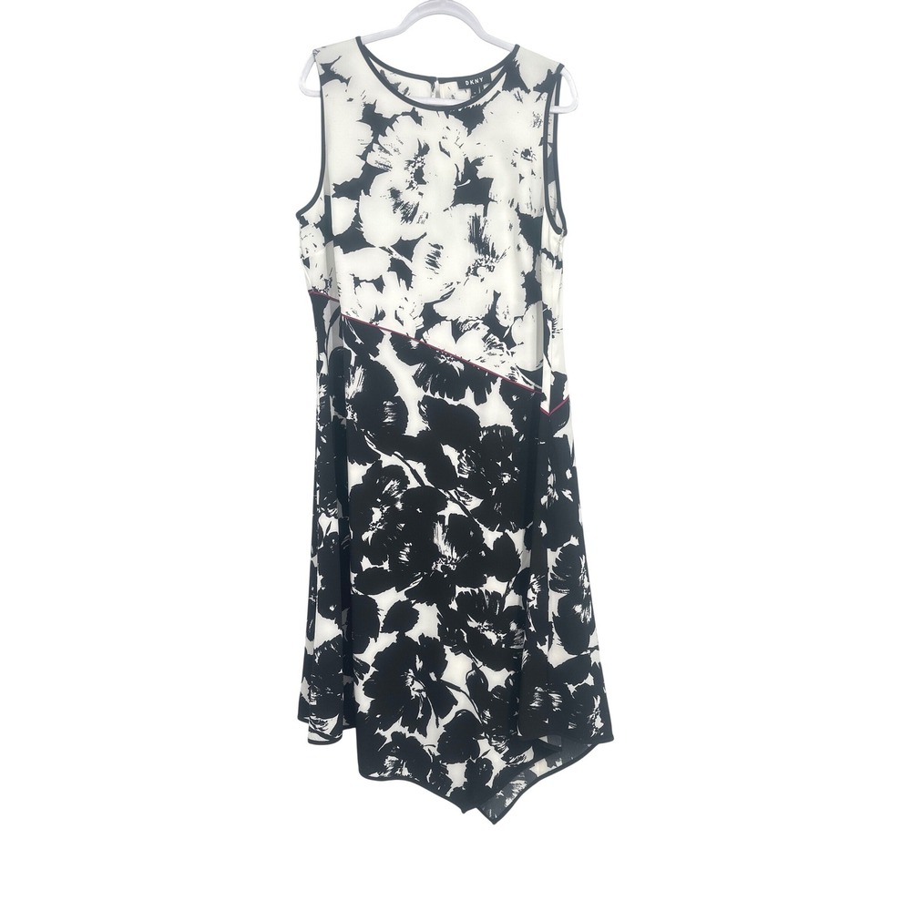 DKNY Floral Dress Womens 16 Black White Asymmetrical Hem Career Chic Modern Midi